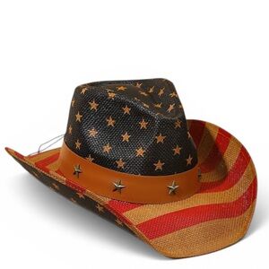 American USA Flag Star Stud Cowboy Straw Hat